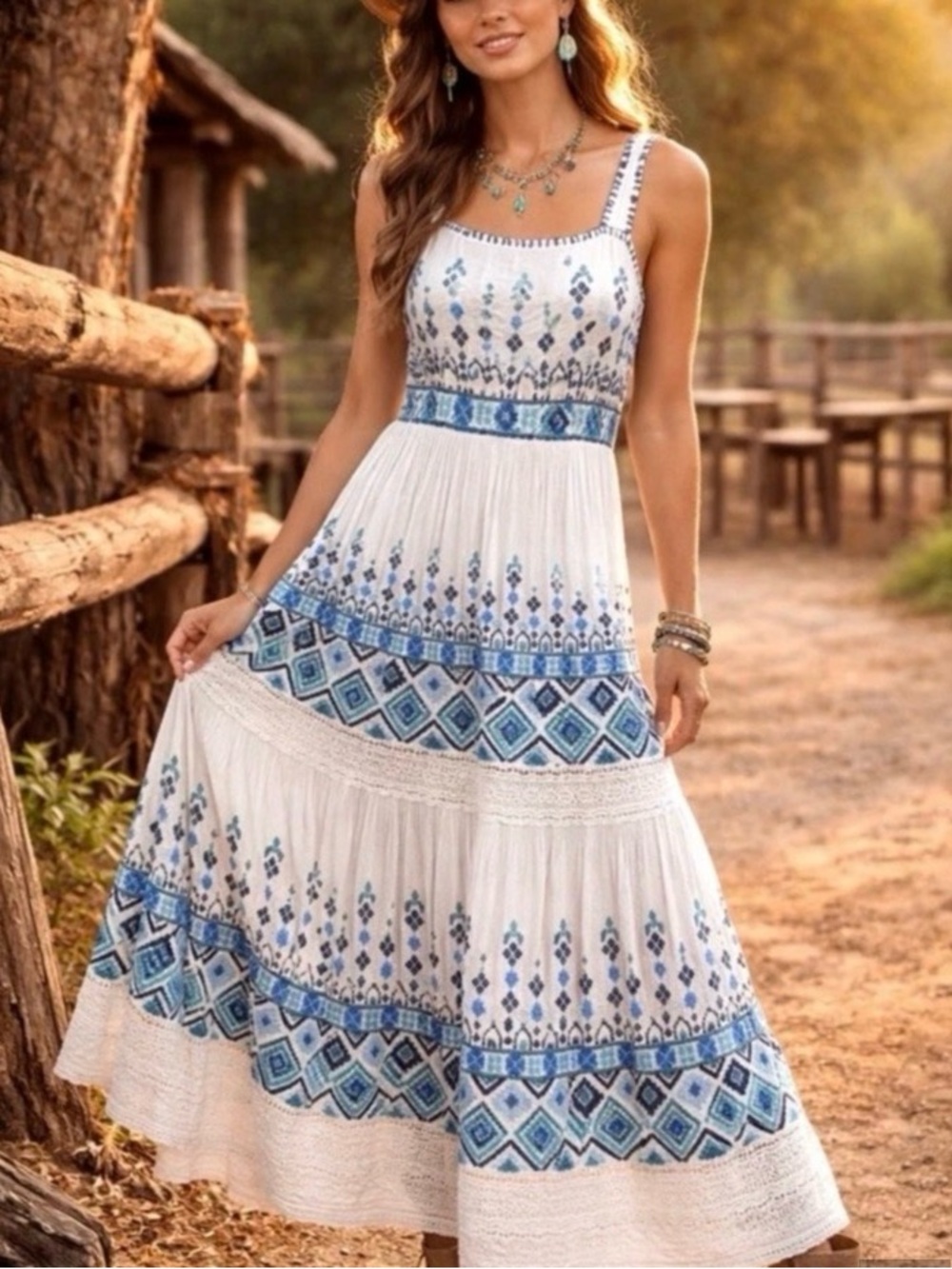 Sundance White Maxi Dress with Blue Geometric Embroidery